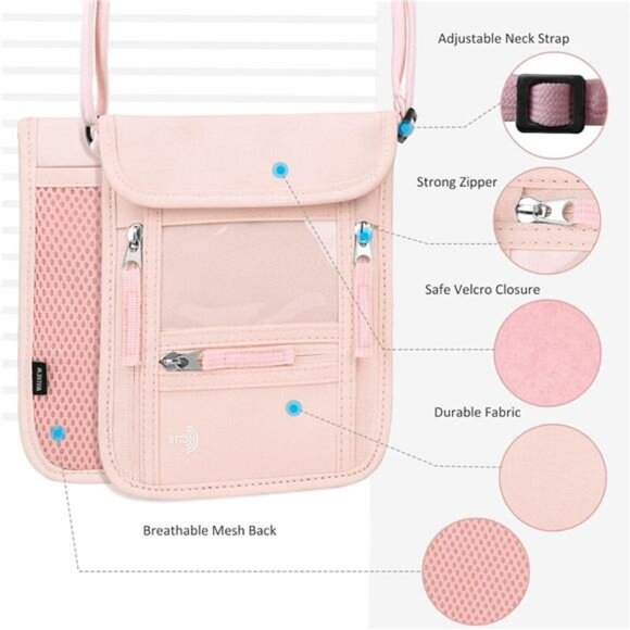 Passport Holder Neck Pouch Travel Wallet for Women and Men, RFID Blocking - Picture 5 of 7